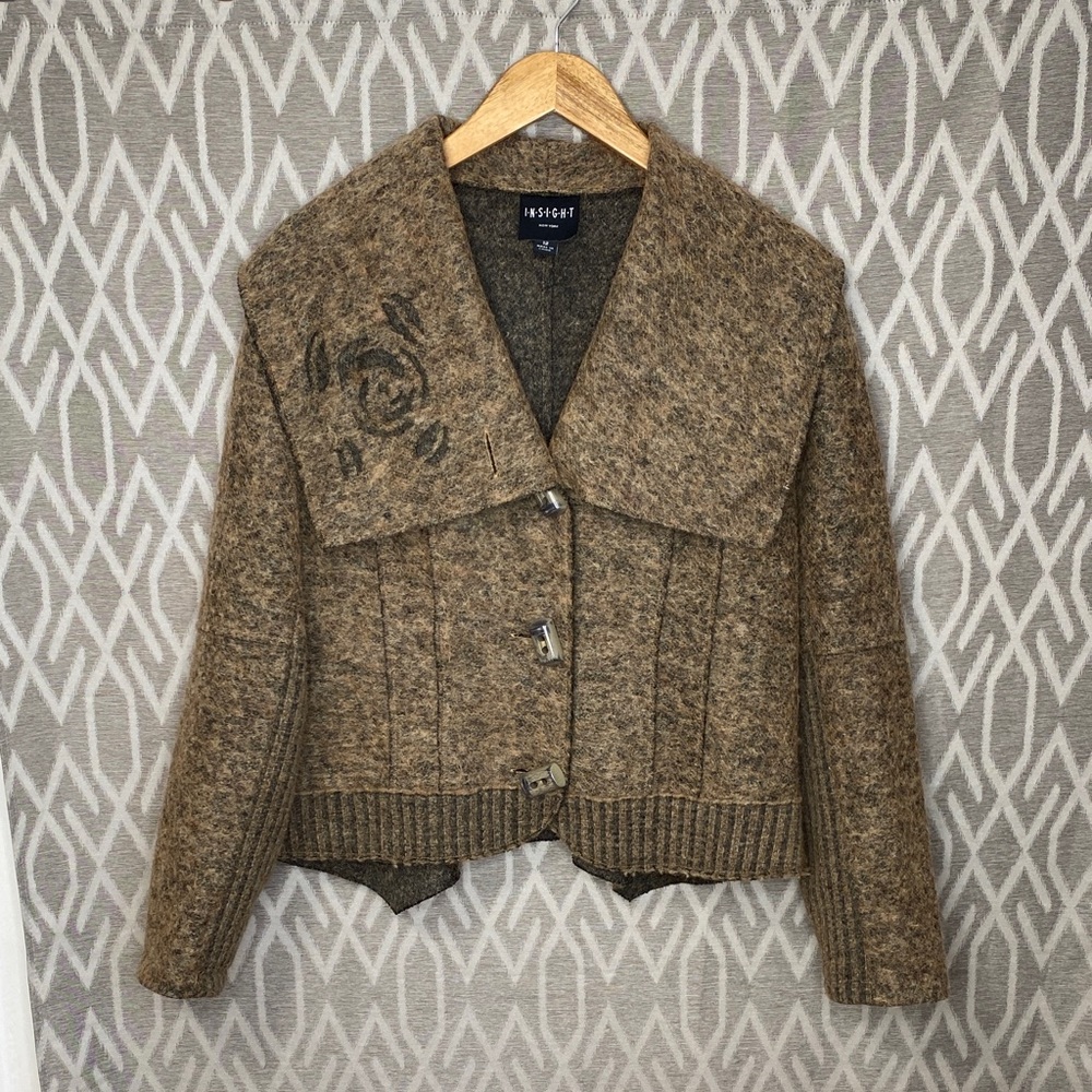 Insight Brown Wool Blazer with Floral Embroidery